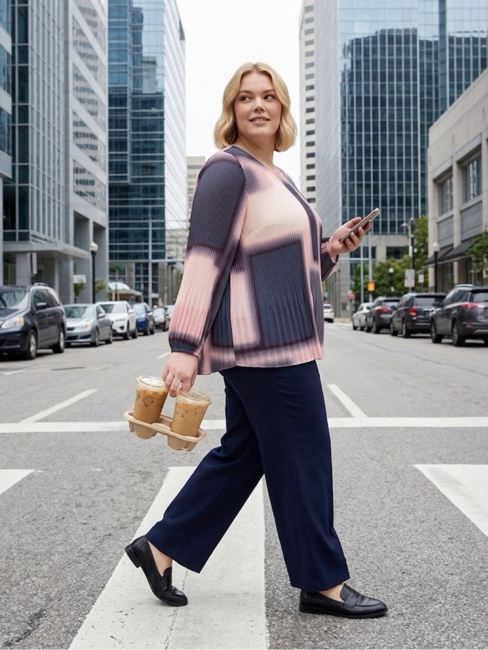 NWT Maree Pour Toi Pleated Geometric Sleeveless Tunic Blouse in Pink and Gray
